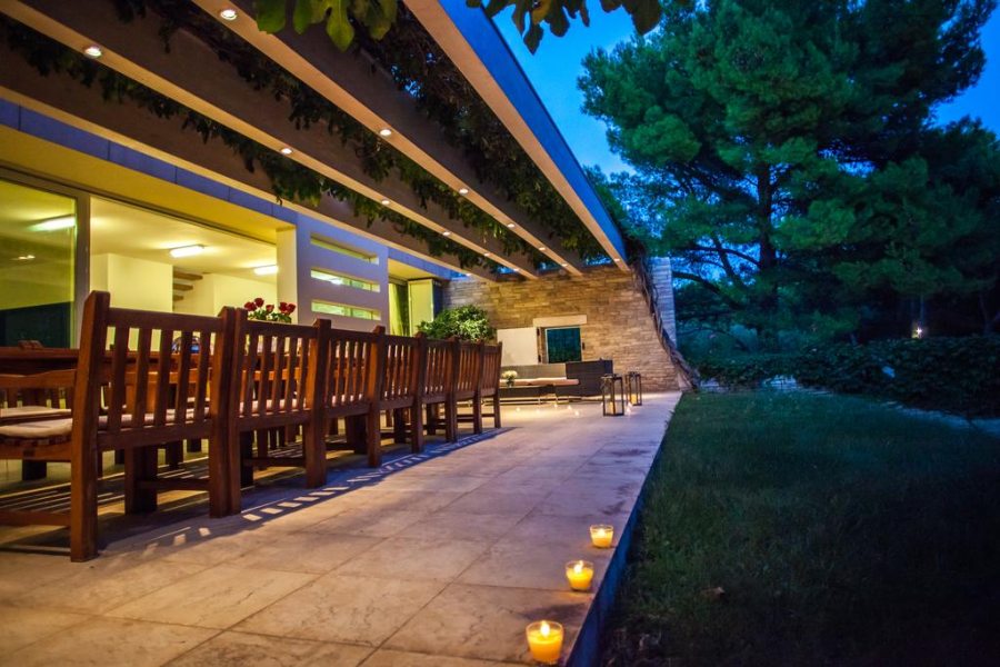 Outdoor dining area at night